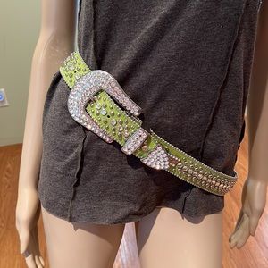 b.b. Simon Swarovski Rhinestone Embellished Green Leather Belt With Studs XL